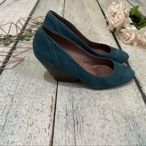 Camper 38 teal green wedges slip ons leather suede